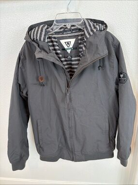 VISSLA Gray Hooded Windbreaker Jacket with Striped Liner